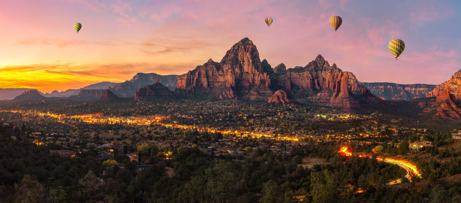 Sedona at dusk under dark skies