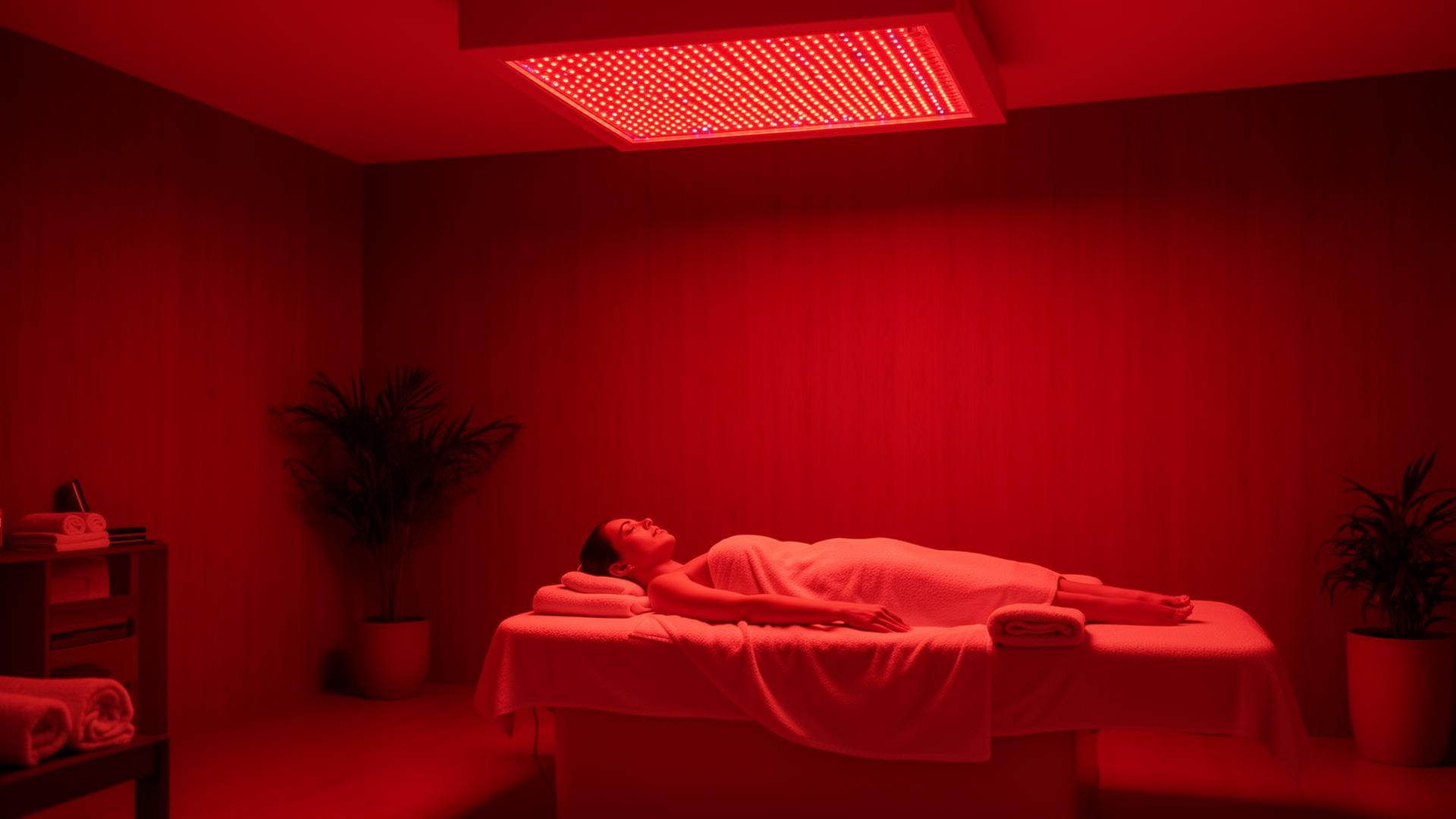Guest relaxing under warm red light therapy panels at Arroyo Pinion wellness room