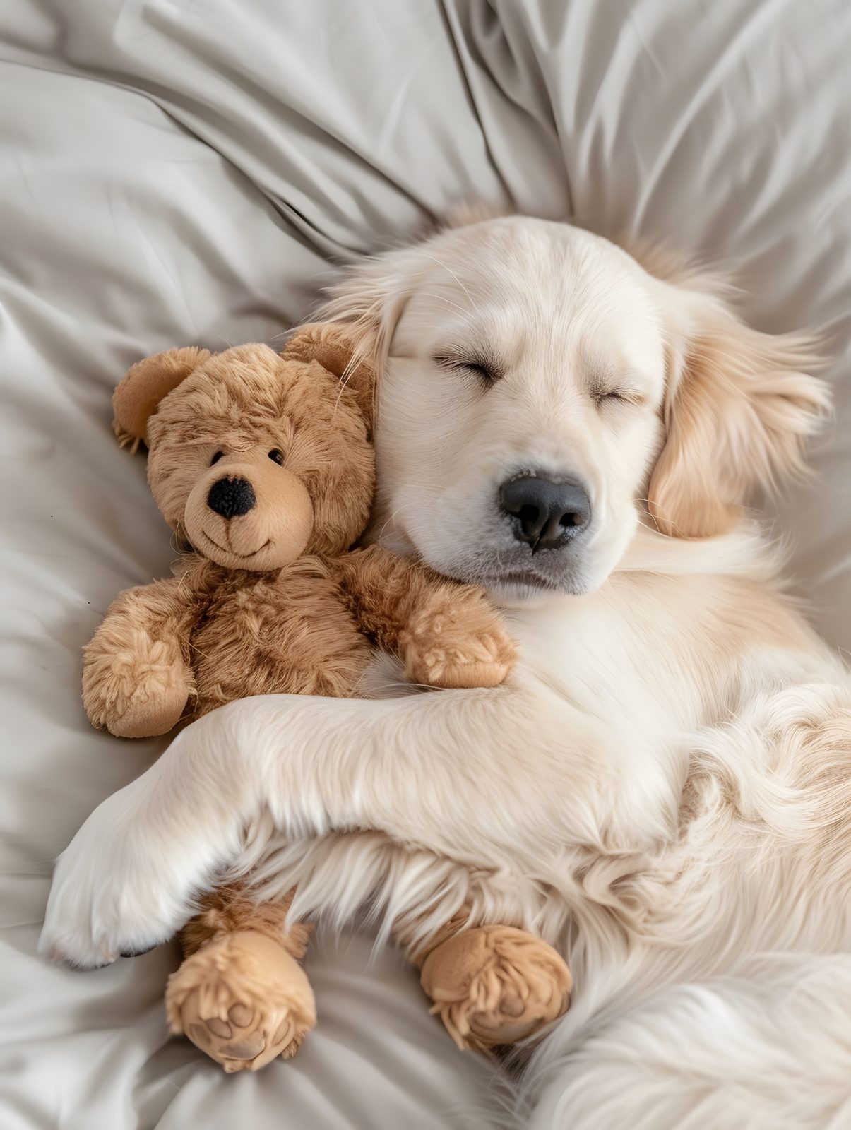 Golden puppy curled up on a hotel bed with a soft teddy bear